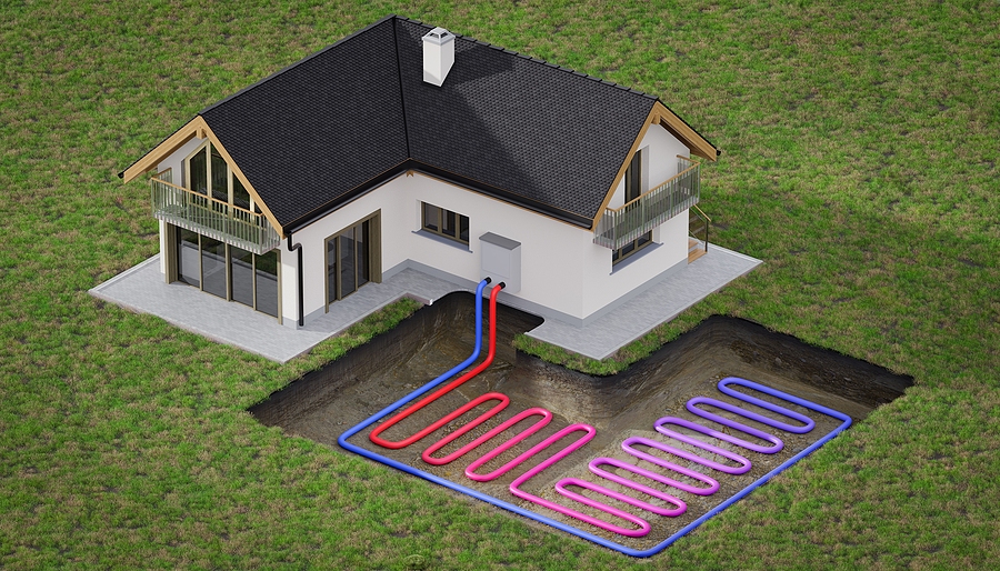 Horizontal ground source heat pump system for heating home with geothermal energy. 3D rendered illustration.